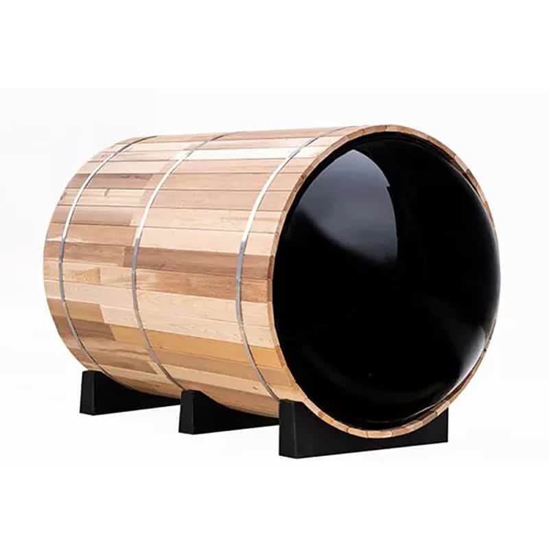 Outdoor sauna barrel with silver trim and full wood finish