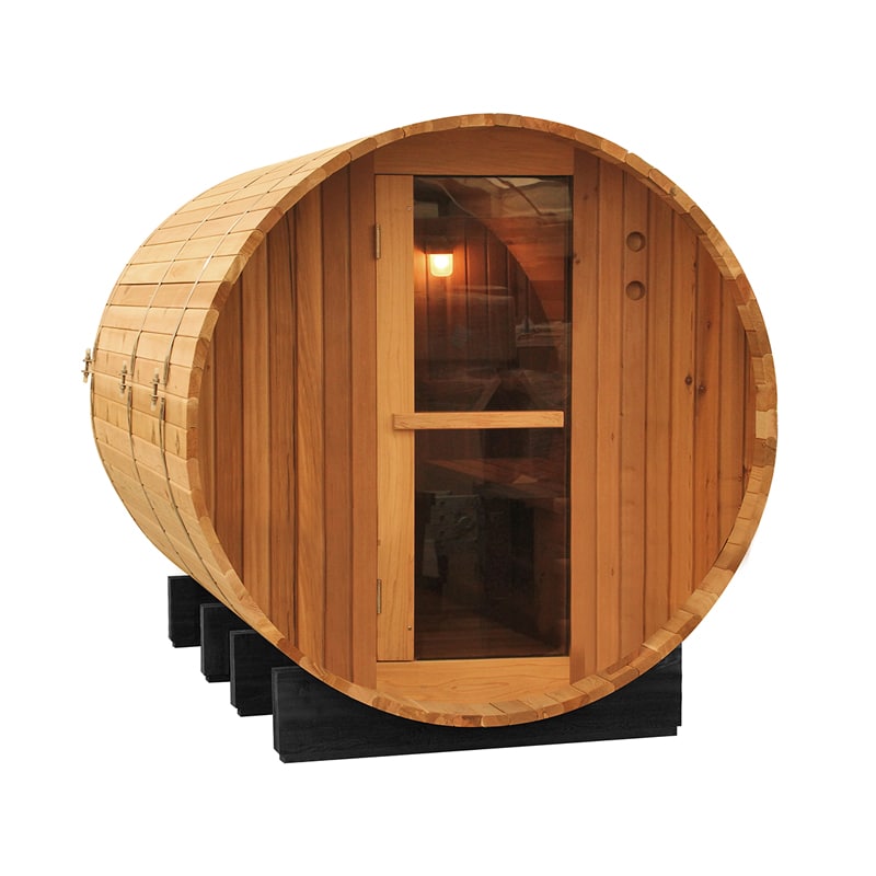 Compact wooden outdoor sauna with curved design