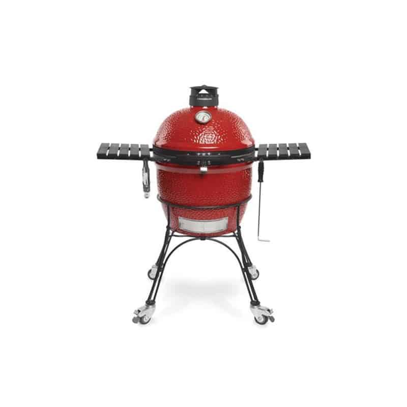 Kamado Big Joe II red ceramic barbecue with folding side shelves